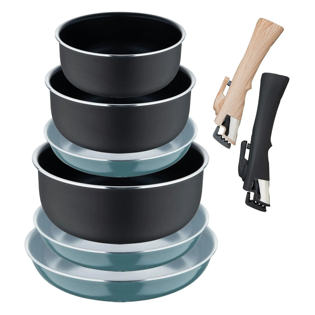 Set of 3 Frying Pans 182024cm with Removable Handle Green + 3 Saucepans 161820cm with Removable Handle Black - Pressed
