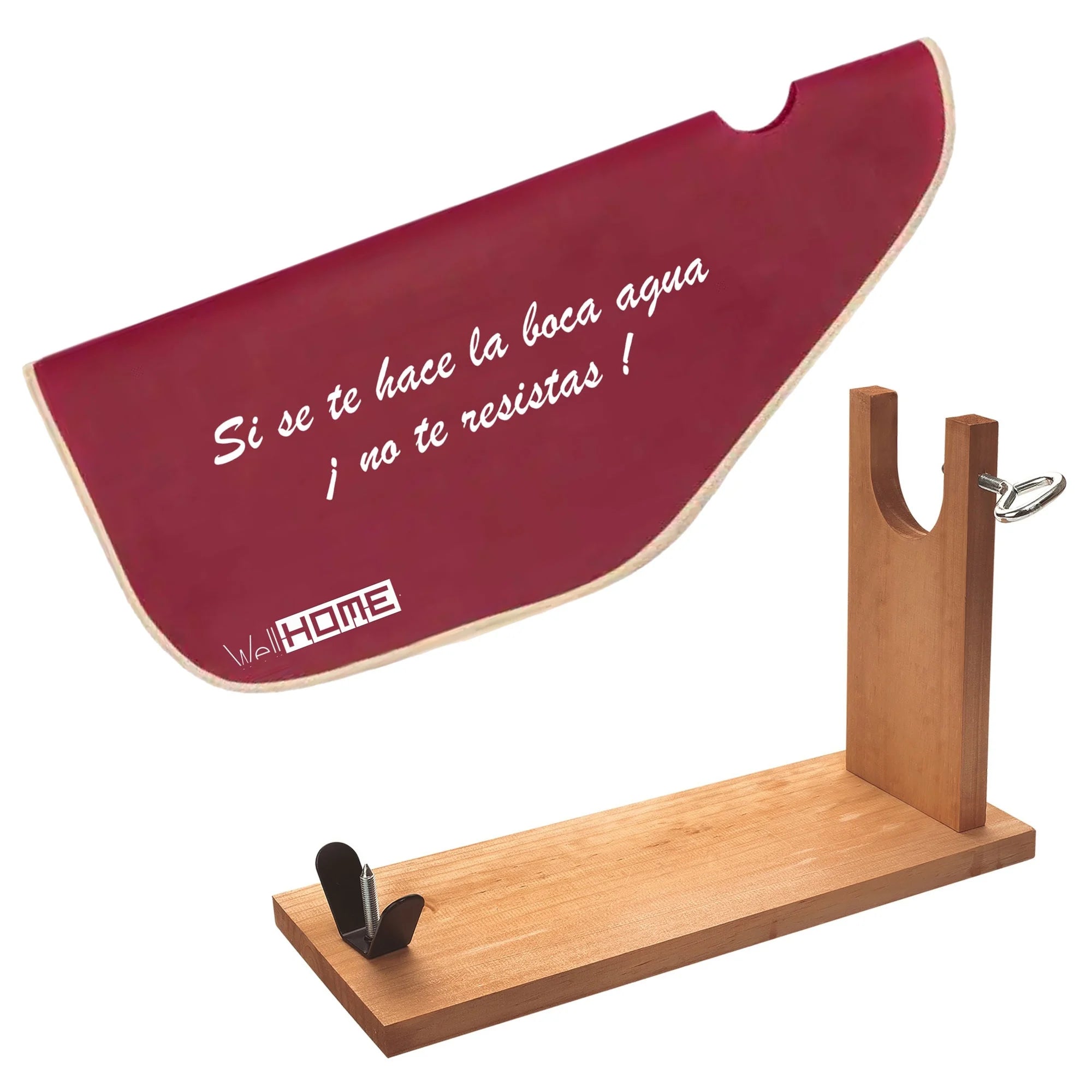 WELL HOME - Wooden ham holder with V-shaped fitting spike and hoof fixation + 'Tiberic' burgundy ham cover
