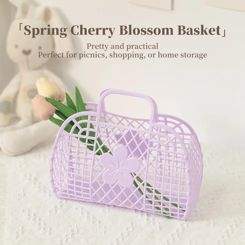 Wholesale Soft Trendy Collapsible Plastic Beach Handbag Storage Basket Hand Shopping Basket for Outdoor Travel Picnics Beach