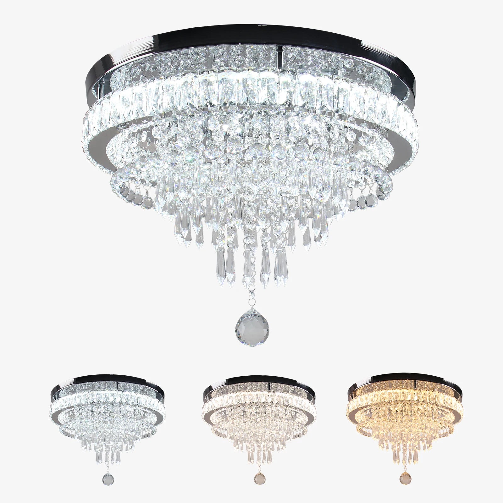 Hot Selling Modern Luxury Stainless Steel & Crystal LED Ceiling Light 3 Color Changes Large Flush Mount for Living Room Bedroom