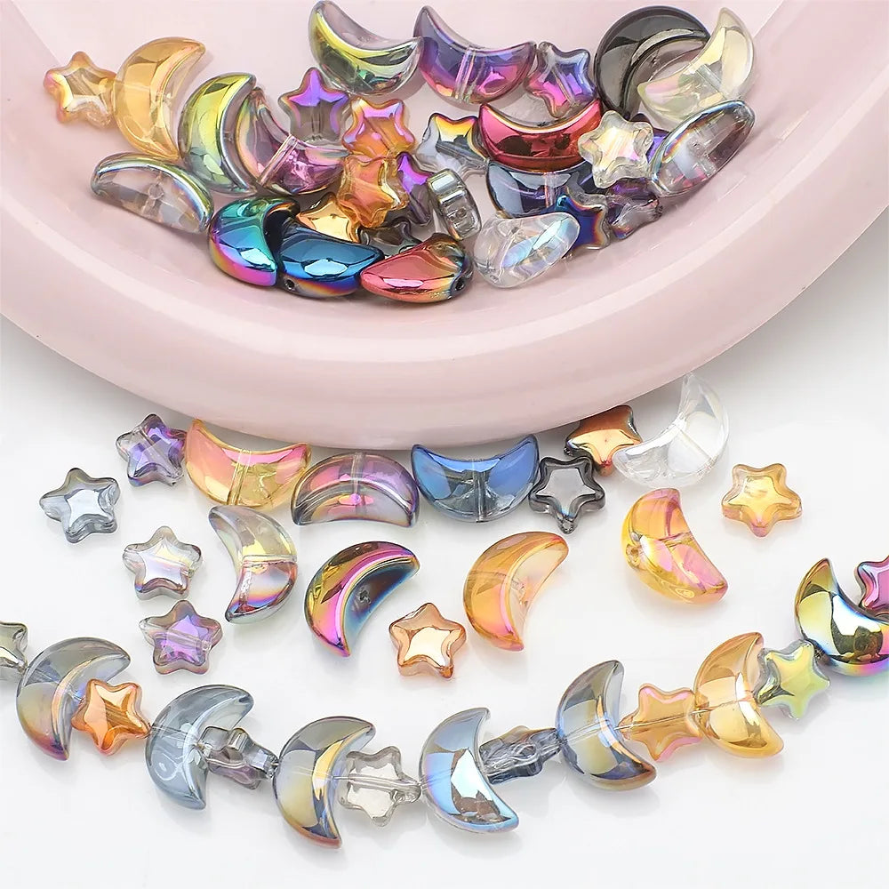 Metallic Glossy Plated Mixed Color Star Moon Glass Beads for Jewelry Making Crescent and Stars Spacer Beads
