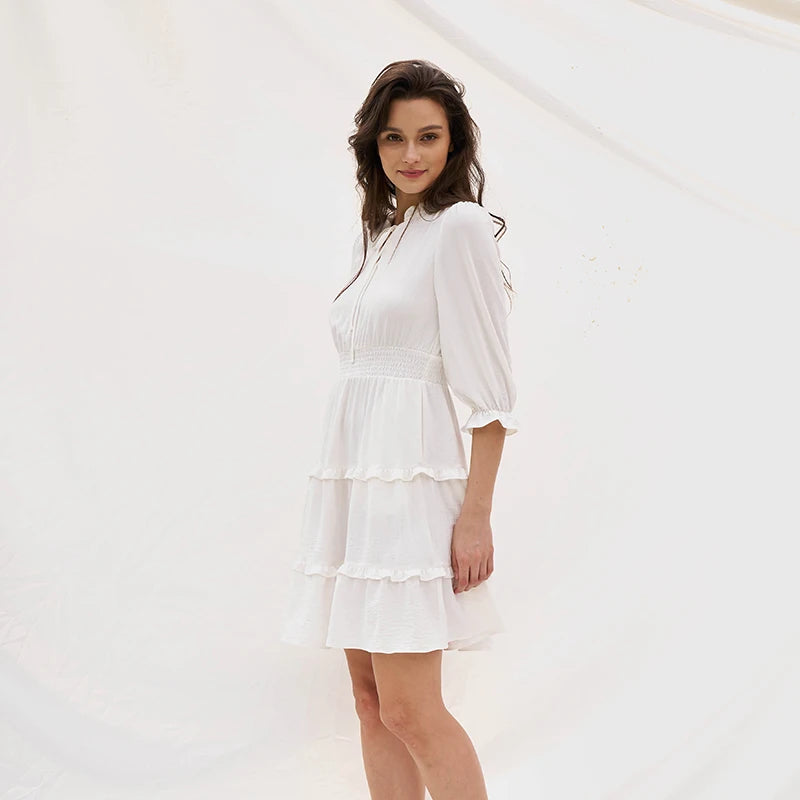 Top-selling V Neck Mini Dress 3/4 Sleeve White Dresses Woman Casual Dress for a Chic yet Casual Outfit