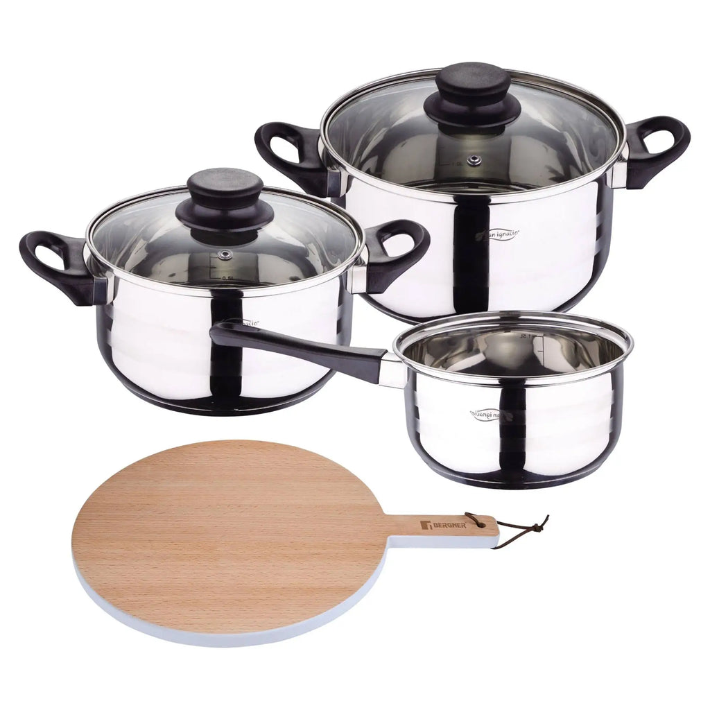 Toledo 5pc cookware set suitable for induction hobs + Bergner NATURALLY Round Beechwood Cutting Board 38x28x1.5cm