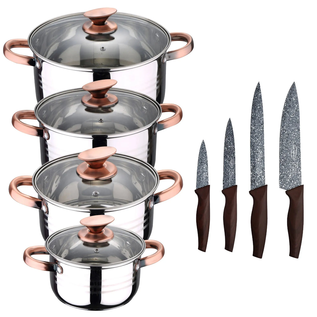 SAN IGNACIO Altea 8-piece stainless steel cookware set suitable for induction hobs with a set of 4 stainless steel kitchen