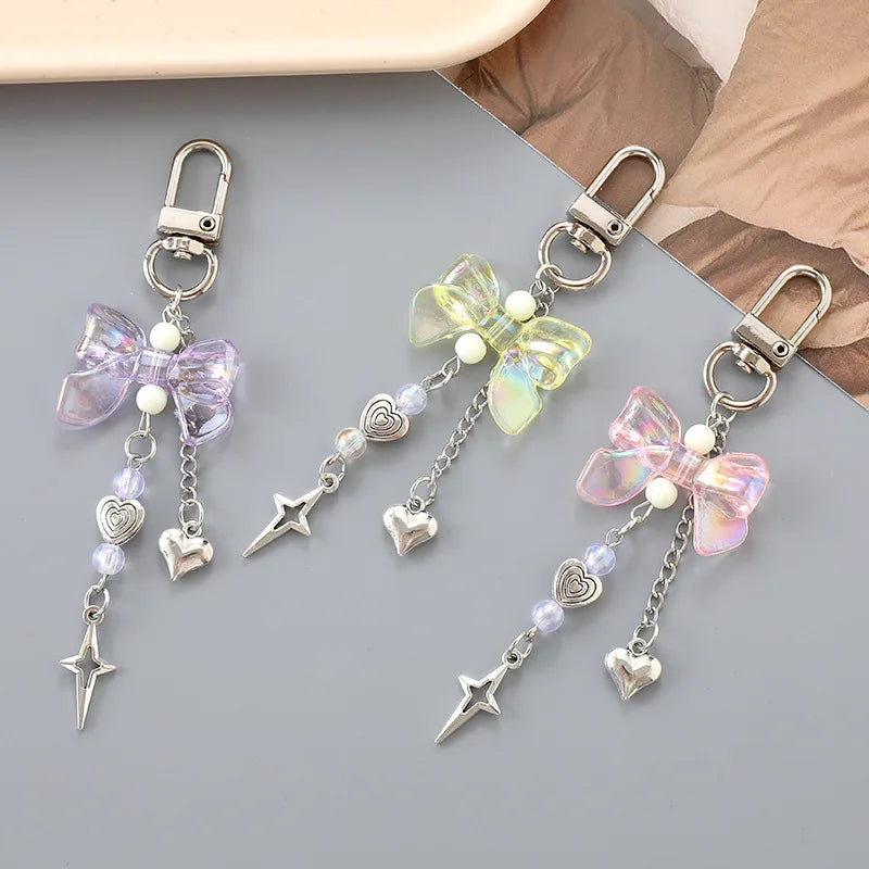 Korean Y2K Sweet and Cool Style Acrylic Bowknot Keychain Small Pendant Versatile Heart Pendant Mobile Phone Bag Charm