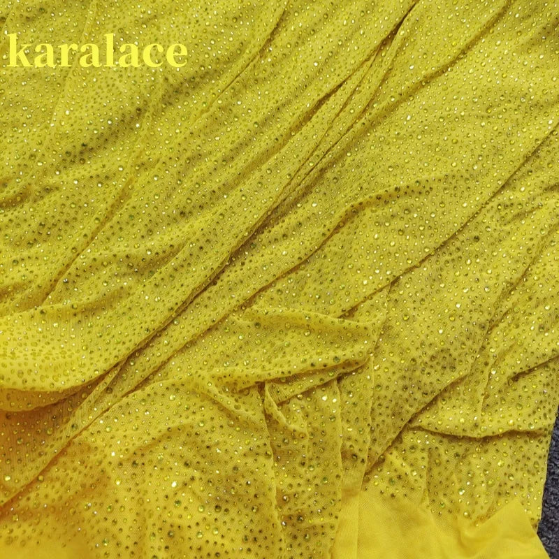 Crystal Gemstones Yellow Power Mesh Fabric with 4-Way Stretch Rhinestone Mesh for Bridal Gowns