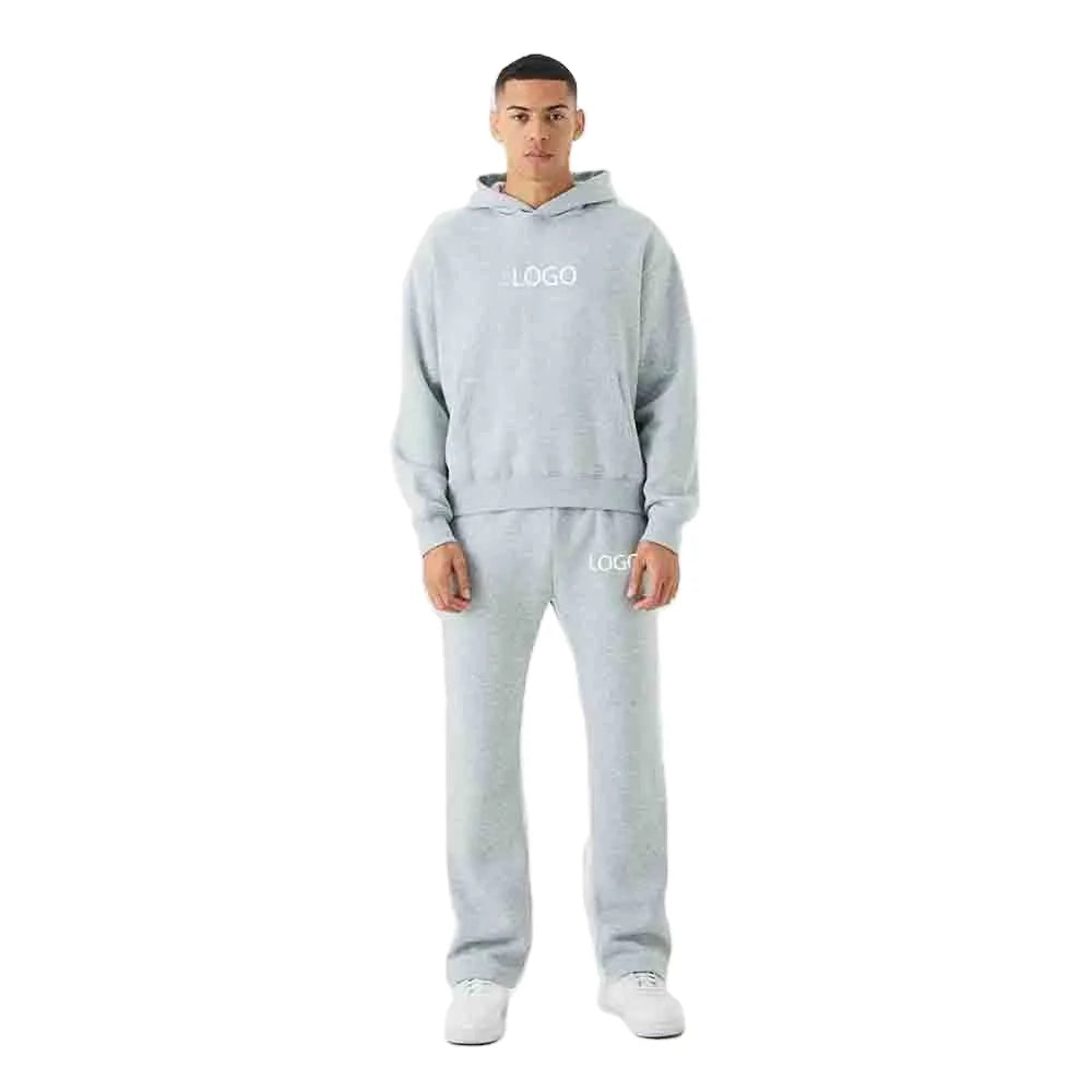 Heather Grey Men's Winter Oversized Casual Training Flared Sweatpants Drop Shoulder Boxy Hoodie Set Loose Fit 100% Cotton