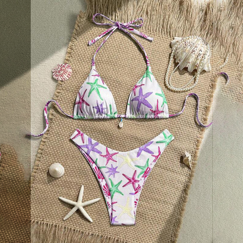 Multicolor Starfish Print Plus Size Two-Piece Quick Dry Swimsuit Shell Detail Custom Logo Front Bikini Set Women Fast Delivery
