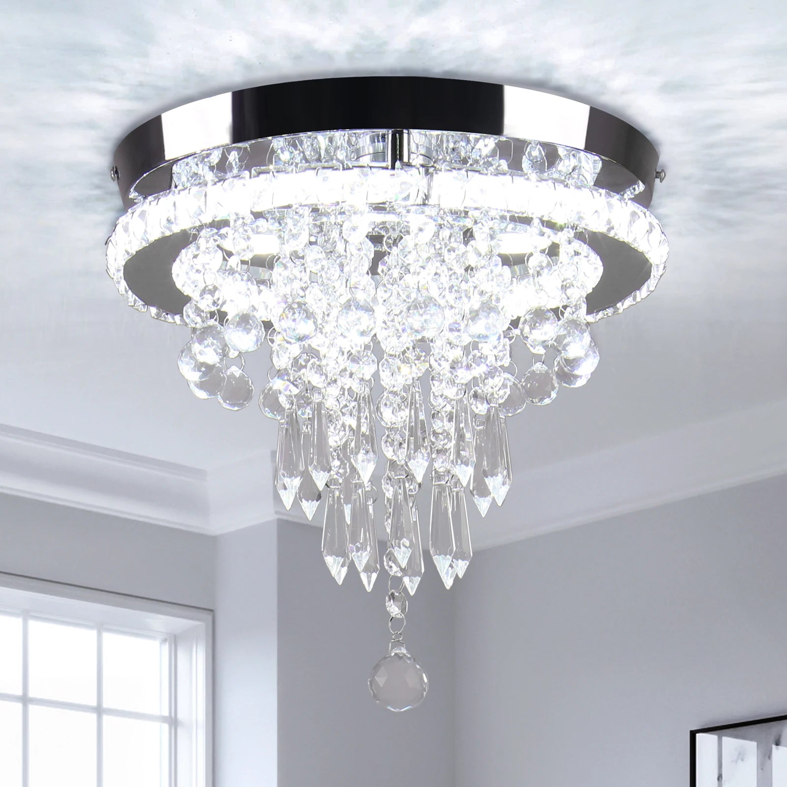 Contemporary 11.8" Small LED Flush Mount Ceiling Light Dining Room Kitchen Crystal Stainless Steel Shade Modern Luxury