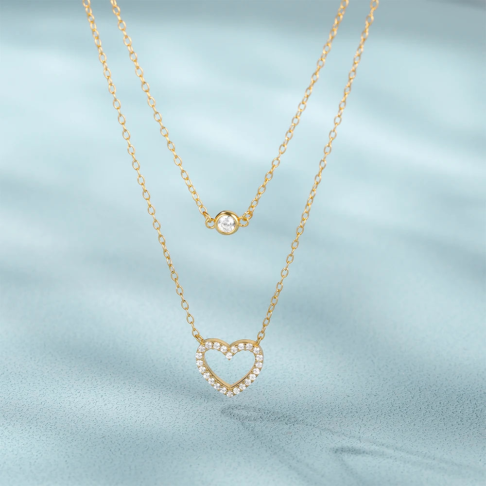 CANNER 18K 14K Gold Double Layered Heart 5A Zircon Pendant Women Girls Necklace Gift Trendy Jewelry S925 Silver MegaBDM