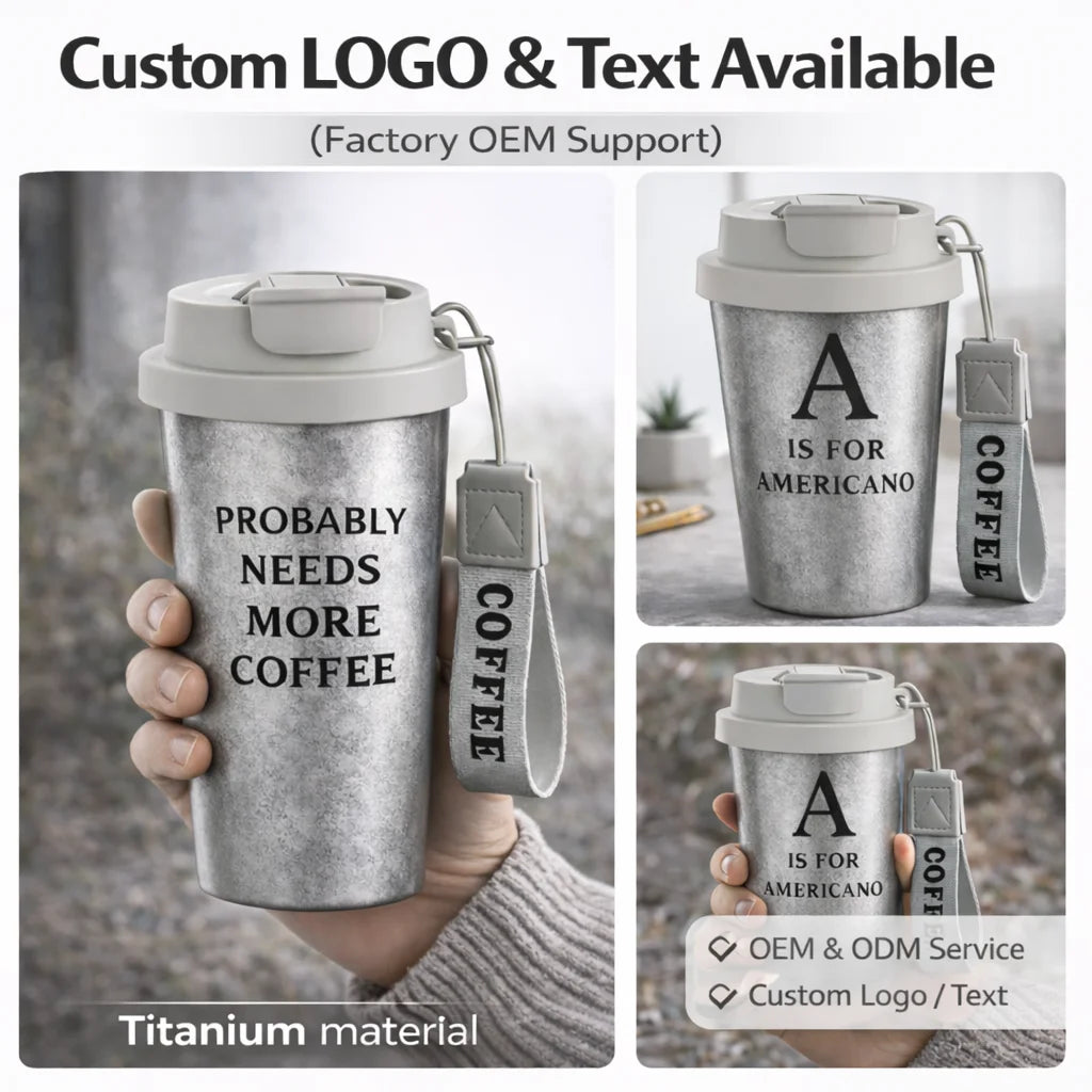 Titanium Coffee Cup with Lid & Strap Travel Custom Logo Text Color OEM ODM Reusable Travel Mug Double Wall Drinkware for Outdoor