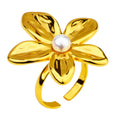 Inlaid Pearl Flower Design 18K Gold Plated Jewelry Wholesale Women's Stainless Steel Adjustable Ring