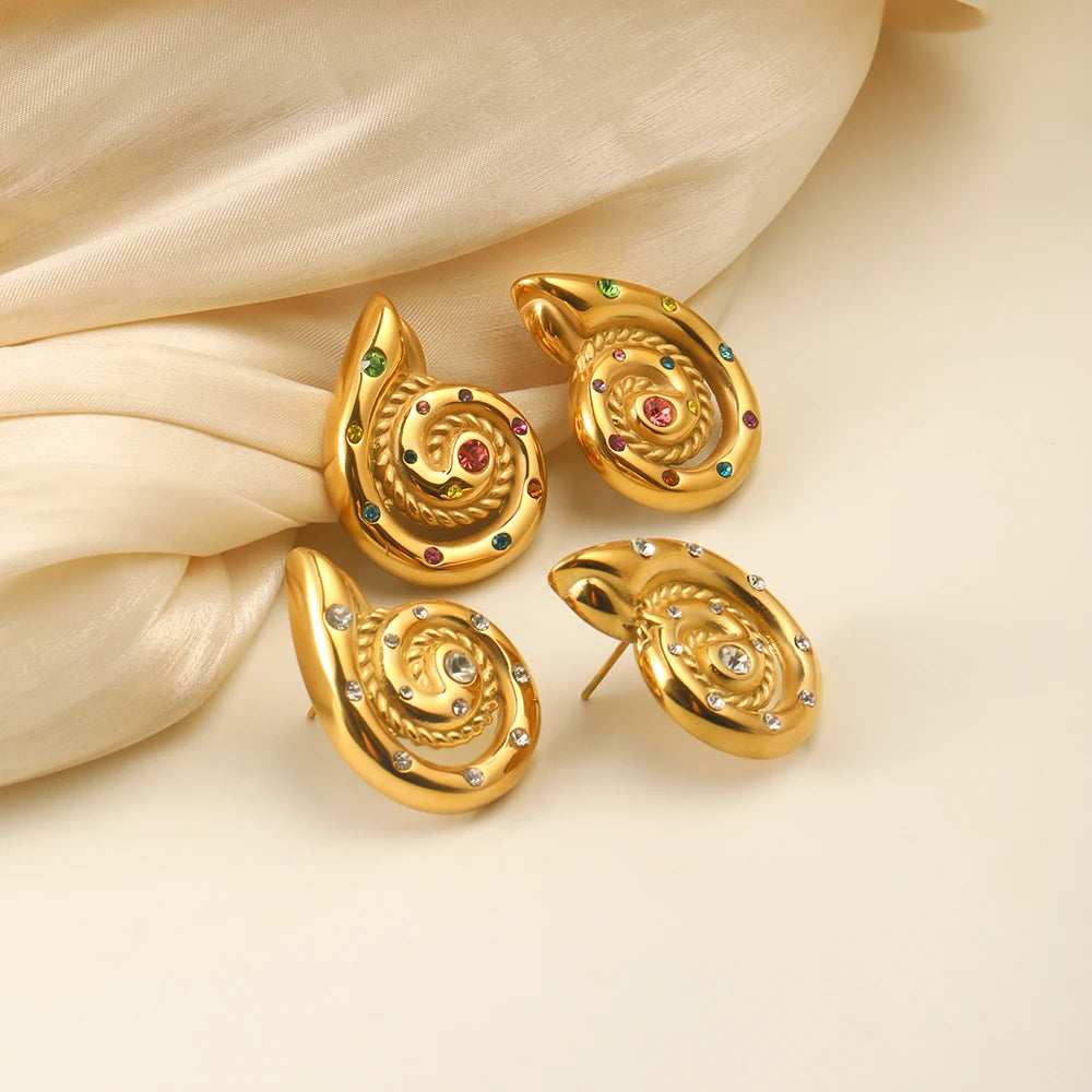 Dreamshow Summer Fashion Conch Stud Earrings for Women Fashion Zircon Gold Plated Waterproof Stainless Steel Jewelry