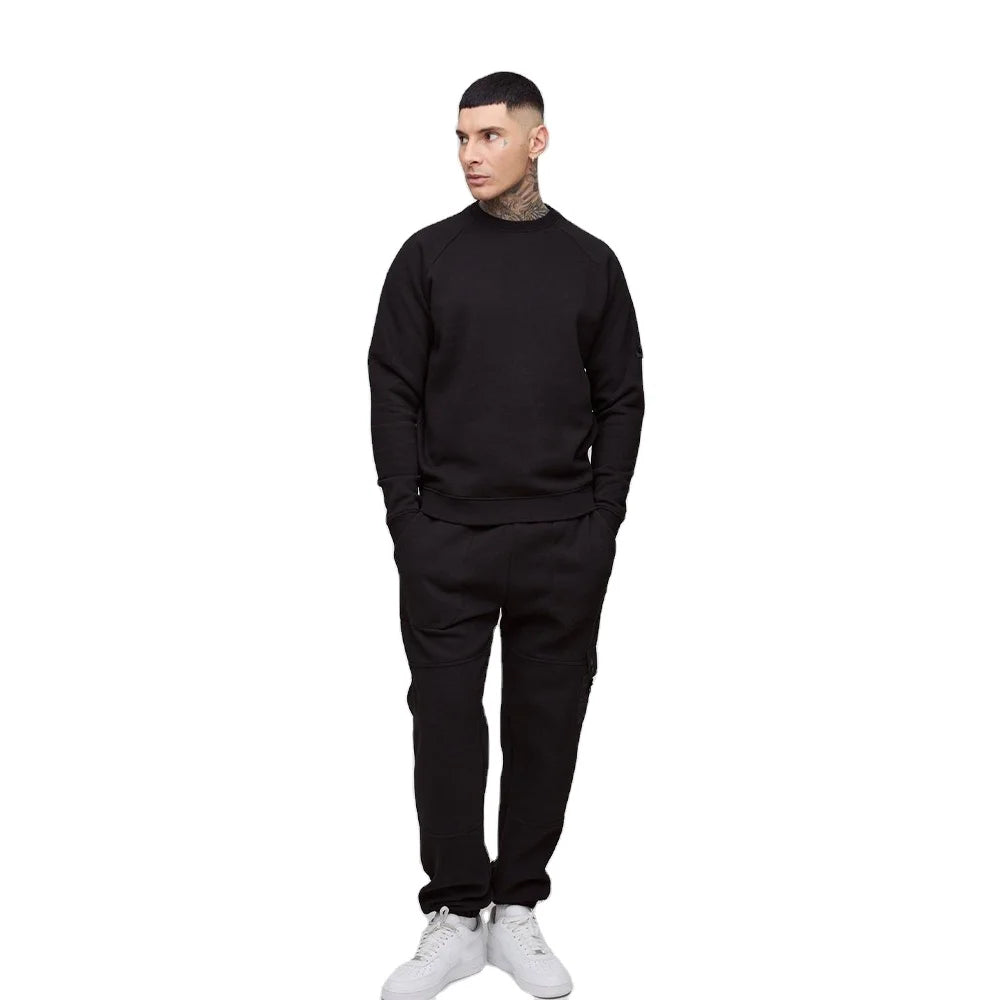 Unique Black 2pc Crew Neck Sweatshirt Jogger Pants Set Fleece Streetwear Tracksuit with Side Cargo Pocket Design Custom Apparel