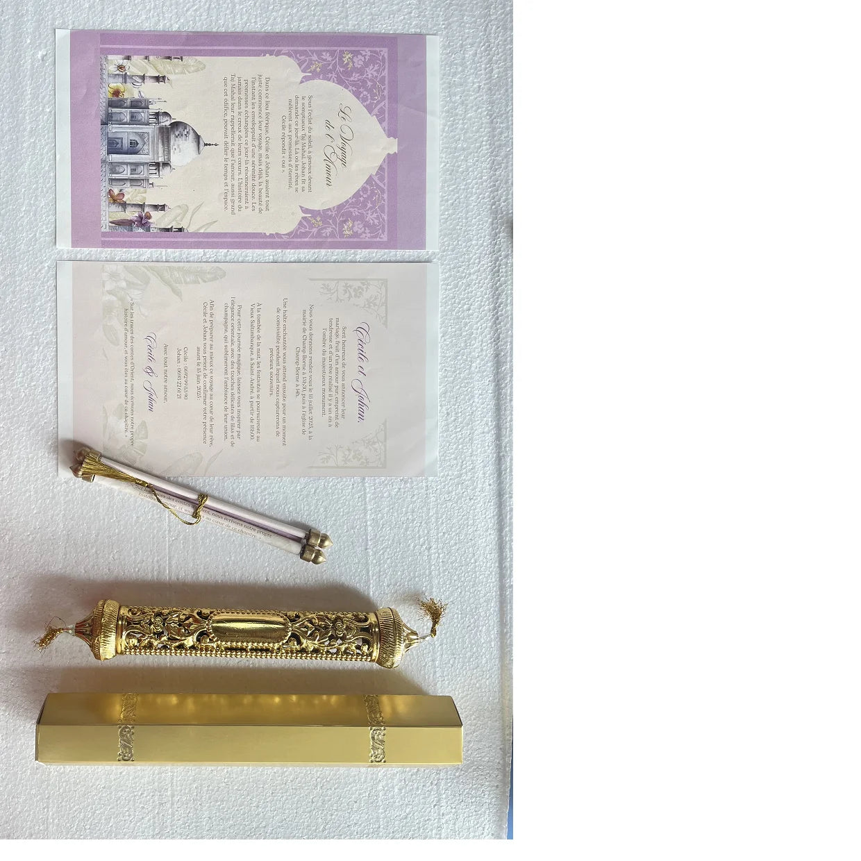 Custom Made Printed Royal Scroll Cross Design Wedding Invites Laser Engraved Scroll Tubes Animal Print Hexagon Shape Paper