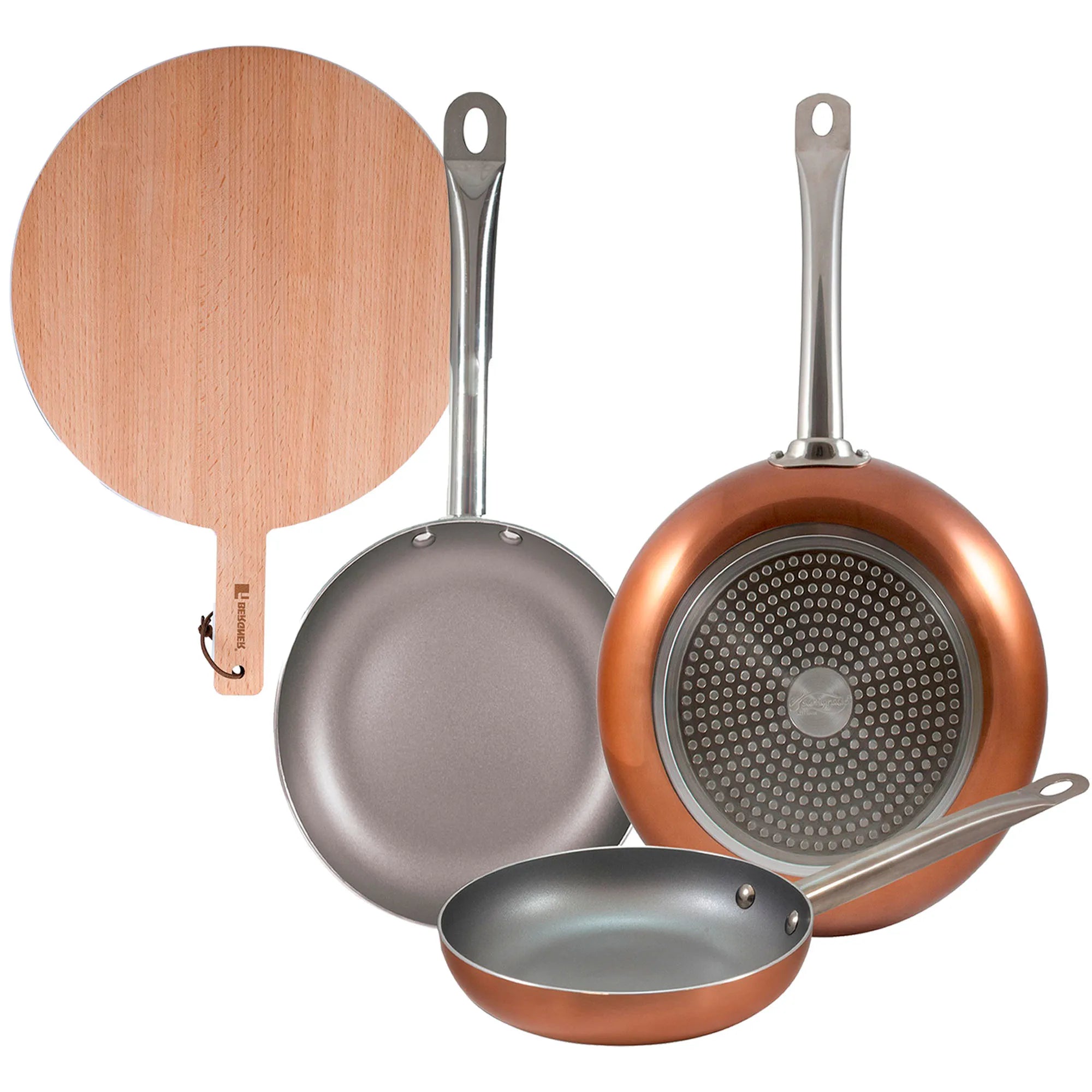 Set of 3 San Ignacio frying pans (18 22 26cm) made of pressed aluminum suitable for induction hobs + Round cutting board