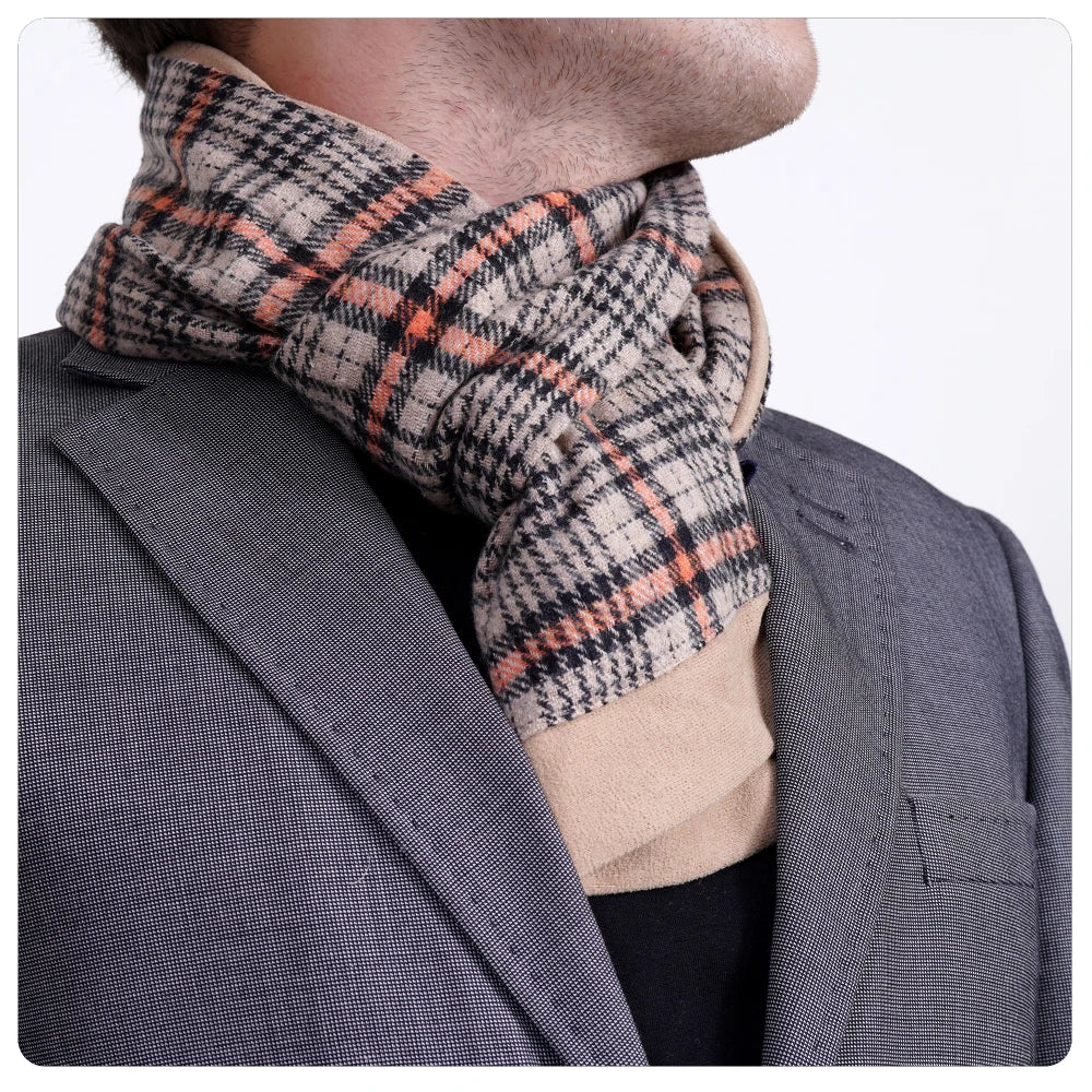 Exve Exclusive Orange Beige Black Gradient Tartan Plaid Square Pattern Wool Winter Double-Sided Turkey Scarf for Men