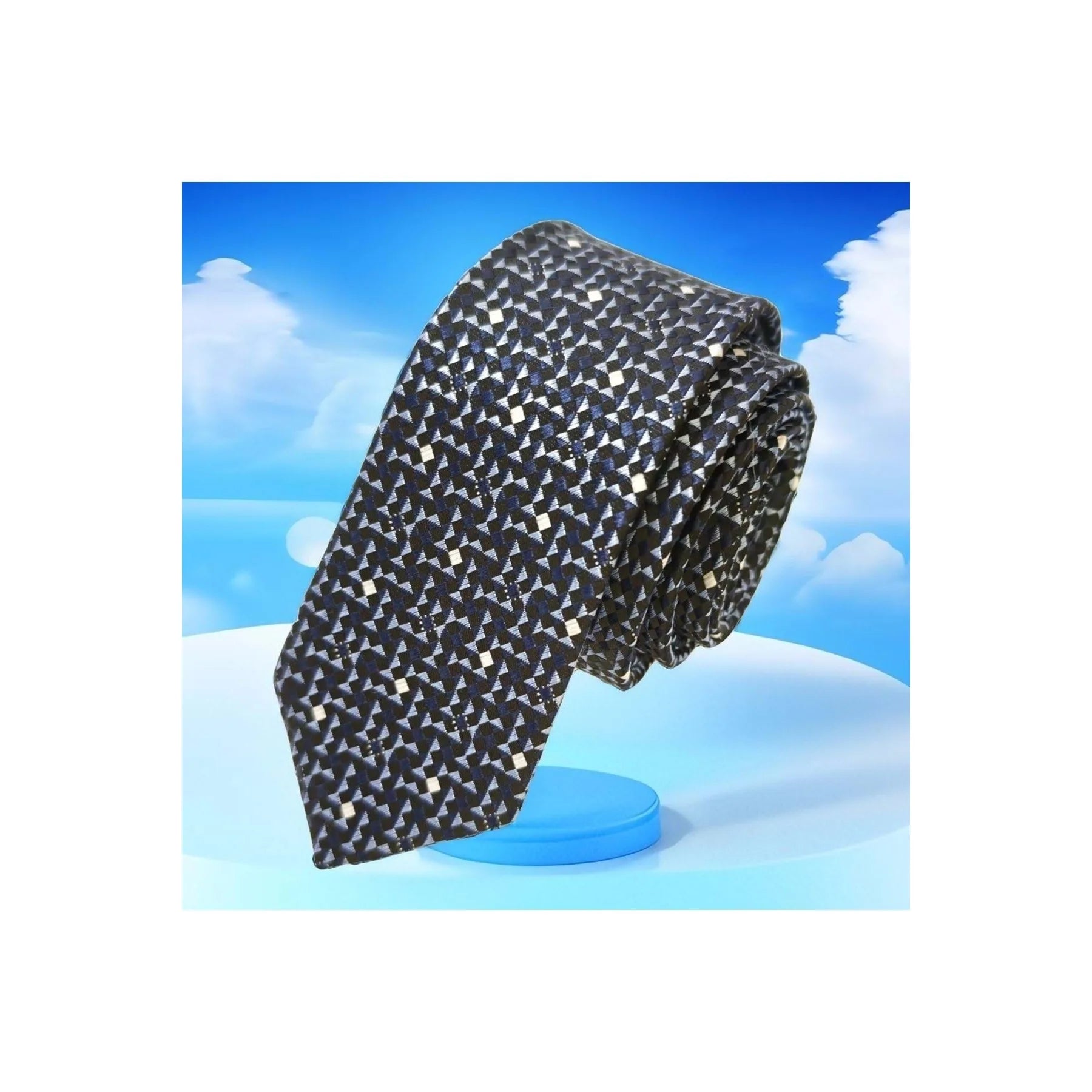 Navy Blue Triangle Patterned Jacquard Woven Thin Fashion Slim Tie