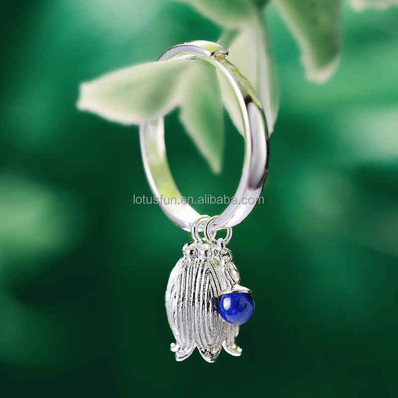 Lotus Fun Real 925 Sterling Silver Natural Lapis Gemstone Creative Vintage Fine Jewelry Fresh Redbud Bell Flower Rings for Women MegaBDM