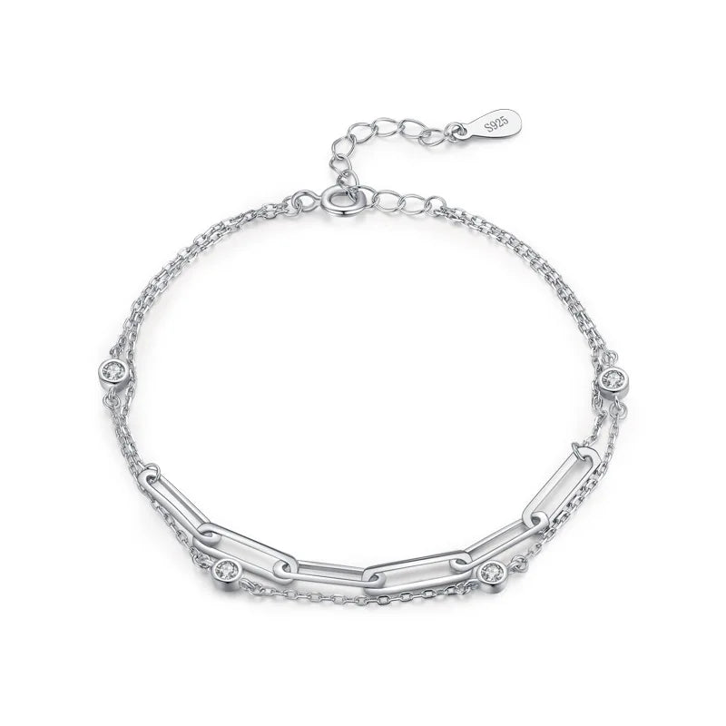 SL6644 Double Layer Chain Stackable Bracelet 925 Sterling Silver Cubic Zirconia Inlaid Paper Clip Chain Bracelet for Women Girl