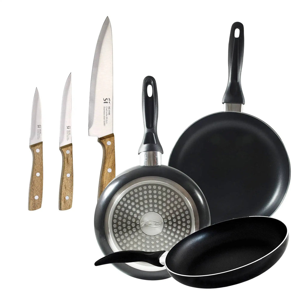 Set of 3 San Ignacio frying pans (16 20 24cm) pressed aluminum suitable for induction + Set of 3 stainless steel kitchen