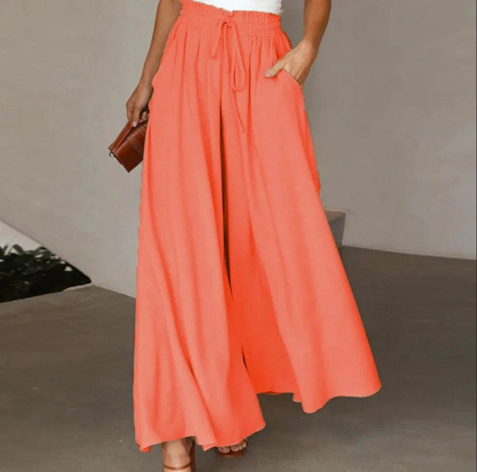 Women's High Waist Casual Palazzo Wide Leg Long Pants XL Size Breathable Elastic Waist Closure Button Plain Dyed for Summer
