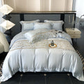 ODM/OEM 100% Lyocell Embroidery Home Textile Light Blue Bed Sheets Duvet Cover Pillowcases Bedding Set Supplier