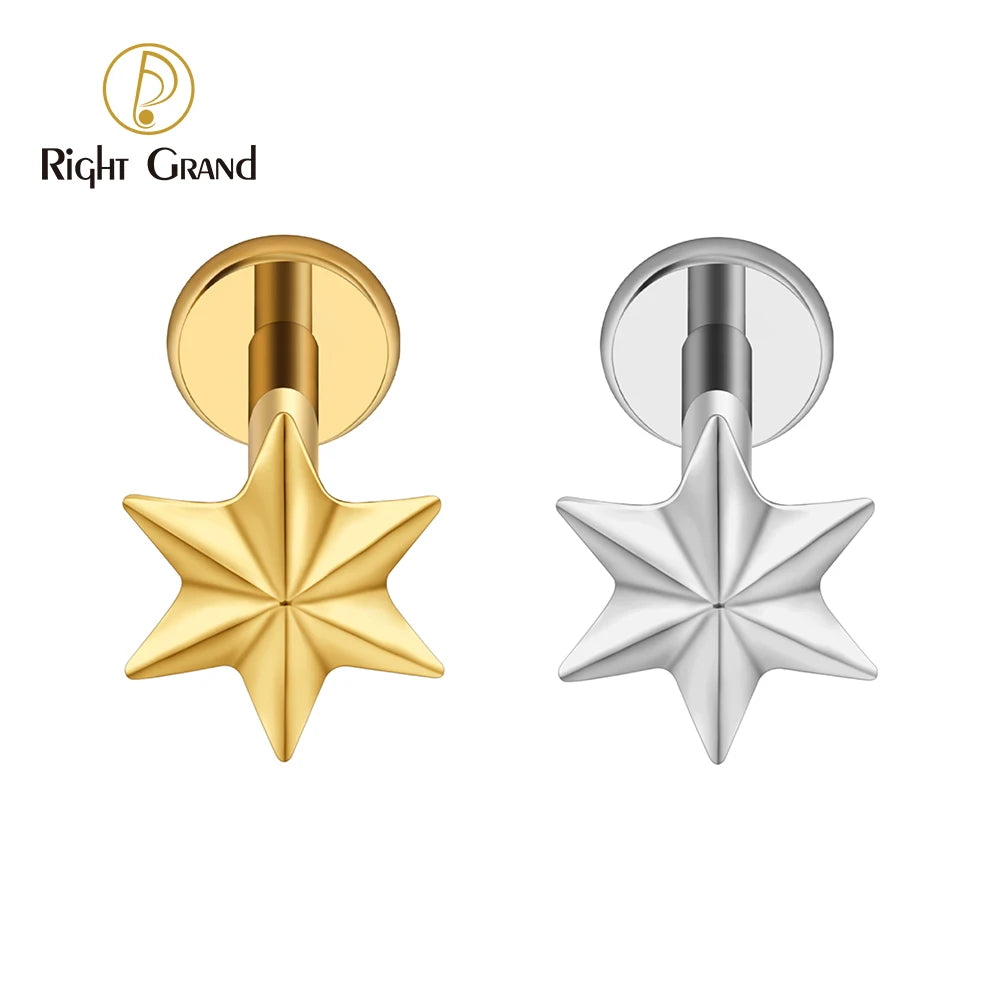 Titanium 3D Star Internal Thread Labret Stud 16G Six Point Star Cartilage Earring Flat Back Helix Tragus Piercing