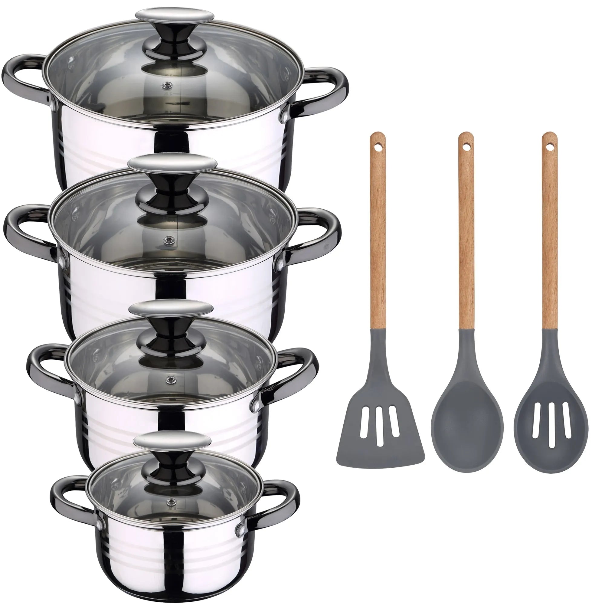 SAN IGNACIO Hita 8-piece stainless steel cookware set suitable for induction hobs with a set of 3 silicone kitchen utensils.