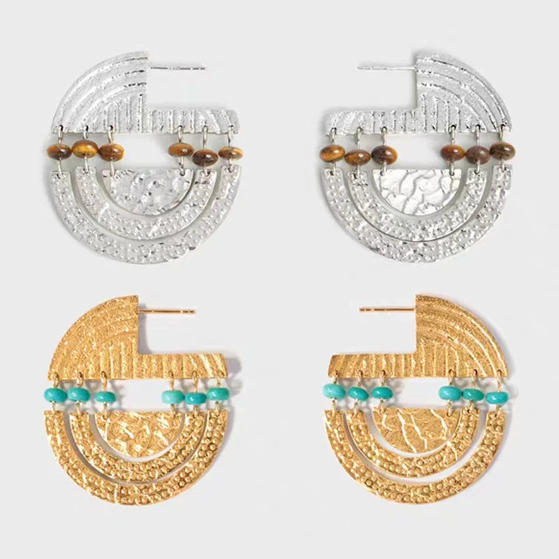 2025 New Tribal Totem Textured Turquoise Multi-Layer Circle Earrings Tiger Eye Stone Beads Jewelry Factory Wholesale
