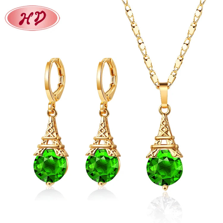 Hot Selling Gift Item Unique Zircon Women Jewelry Set Eiffel Tower French Brazilian Gold Plated Earring and Necklace 18k Sets