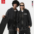 SK 350G Unisex  Men's Distressed Embroidery Oversized  Streetwear with Zip Custom Print Solid Pattern Vintage Acid Wash Hoodie