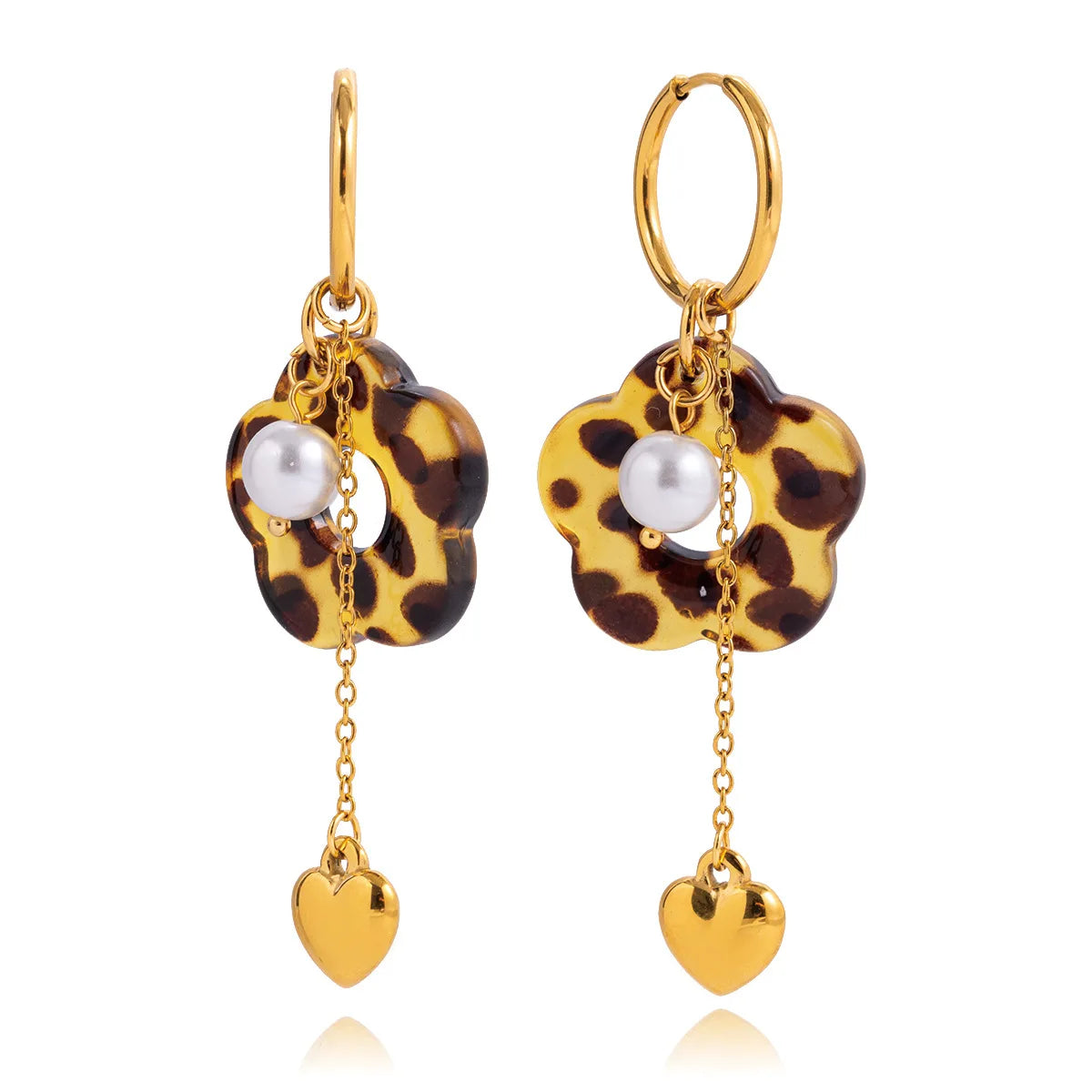 18K Gold Stainless Steel Hoop Earrings Leopard Flower Heart-Shaped Tassel Earrings Vintage Jewelry Imitation Pearl Earrings