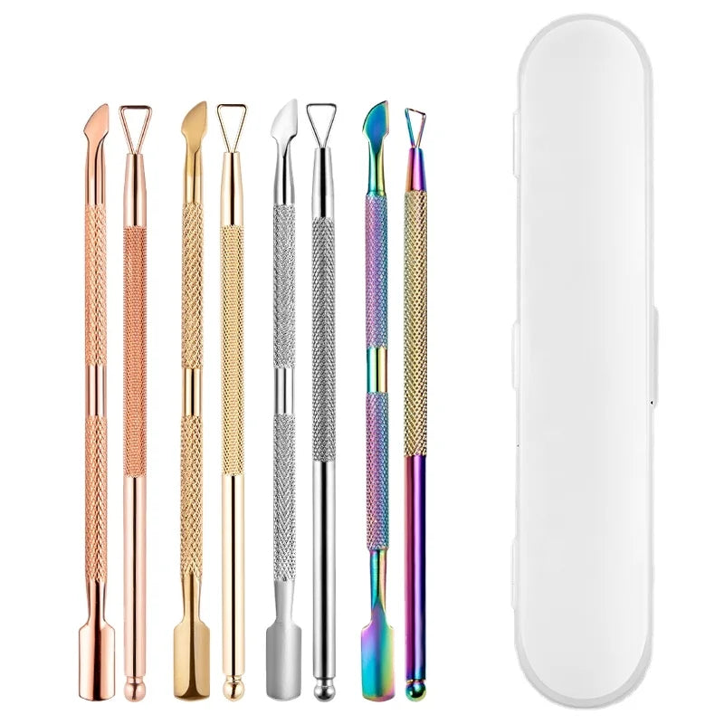 Hot Sale Stainless Steel Double End Cuticle Pusher & Nail Dotting Pen with Storage Box Reusable Eco-friendly Custom Branding