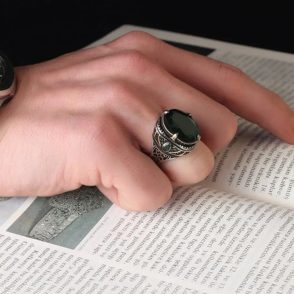 Wholesale Azuris VALKH1109 925 Sterling Silver Ottoman Style Men's Ring Naturel Stone Agate Handmade in Turkey