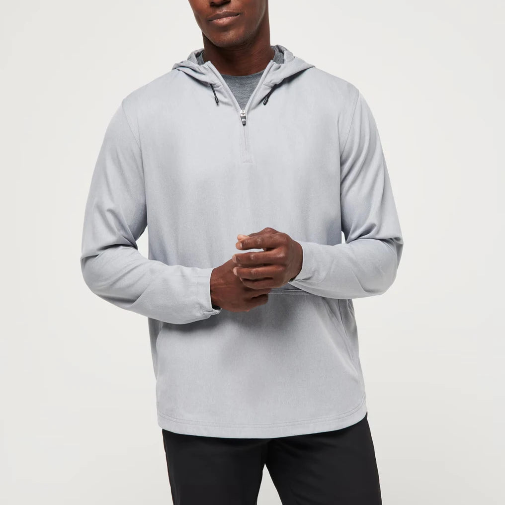 Men's Solid Woven Spring Tech Quarter Zip Breathable Polyester/Spandex Blend Kangaroo Front Pocket Elastic Sleeves Hooded