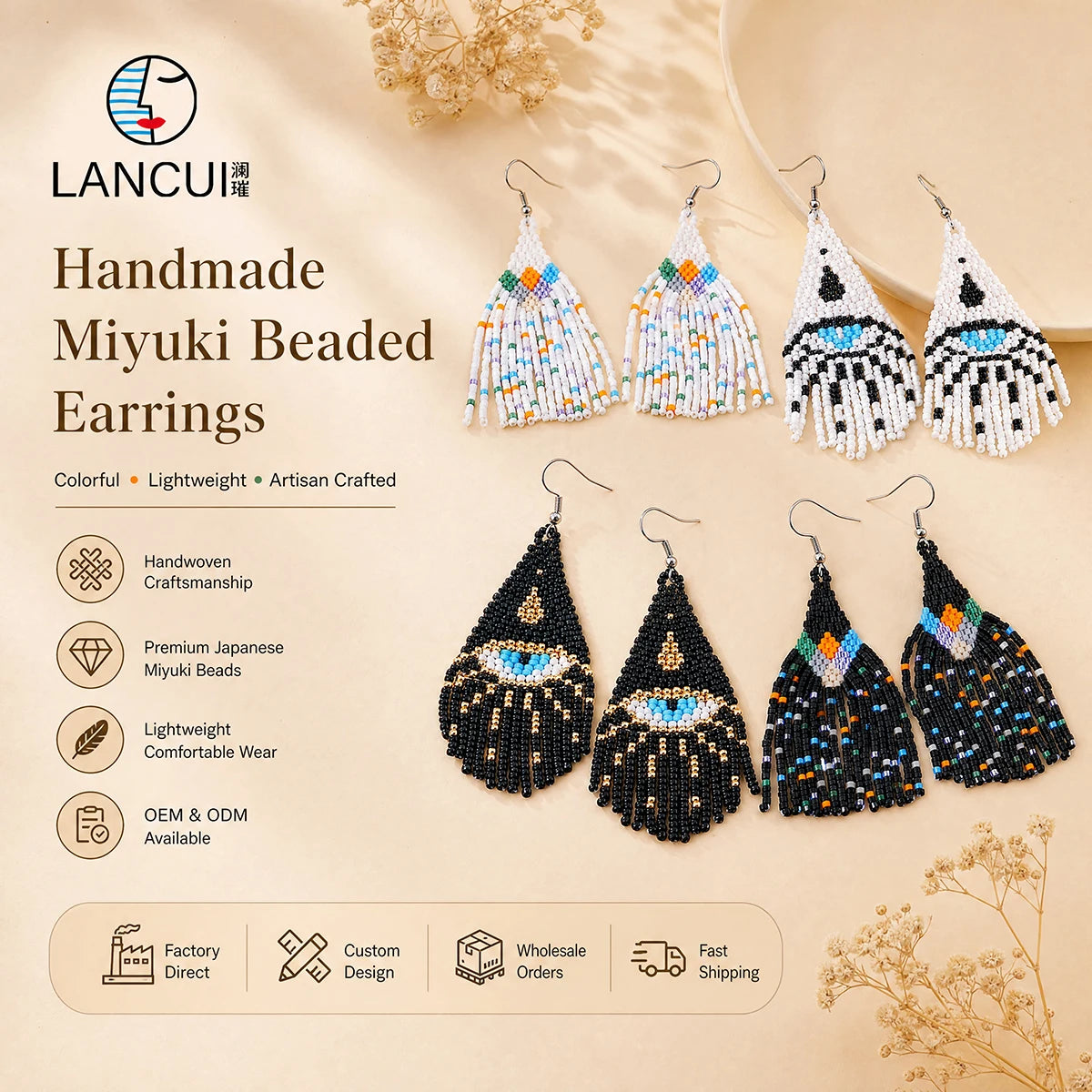 Boho Lancui Statement Hand Made Jewelry Black White Seed Beaded Drop Earrings