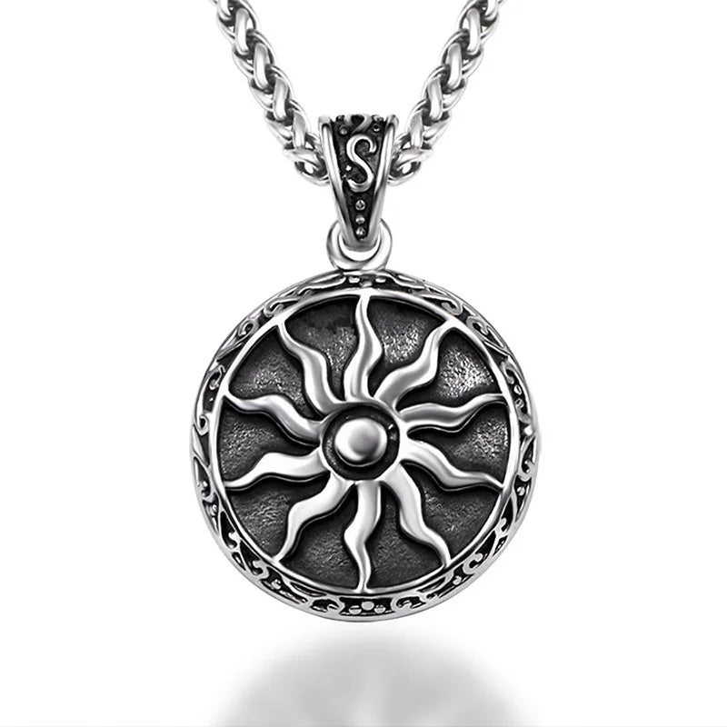 Punk Vintage Stainless Steel Fashion Jewelry Protective Amulet Jewellery Round Carved Sun Nordic Pendant Necklace