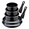 Set of 2 frying pans 2428cm with removable handle + 3 saucepans 161820cm with removable handle - in black pressed aluminum