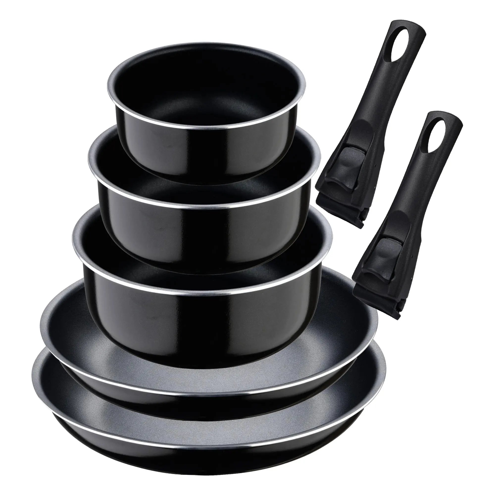 Set of 2 frying pans 2428cm with removable handle + 3 saucepans 161820cm with removable handle - in black pressed aluminum