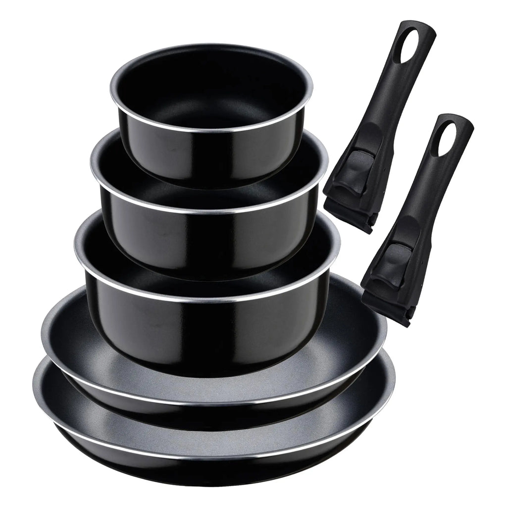Set of 2 frying pans 2428cm with removable handle + 3 saucepans 161820cm with removable handle - in black pressed aluminum