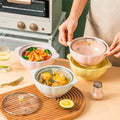 Ceramic Noodle Bowl Underglaze Color Relief Texture Design Double Ear Anti-Scalding Porcelain Soup Pot Big Bowl With Glass Lid