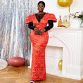 Elegant See Through Long Print New Autumn Women Red Lace Evening Dress