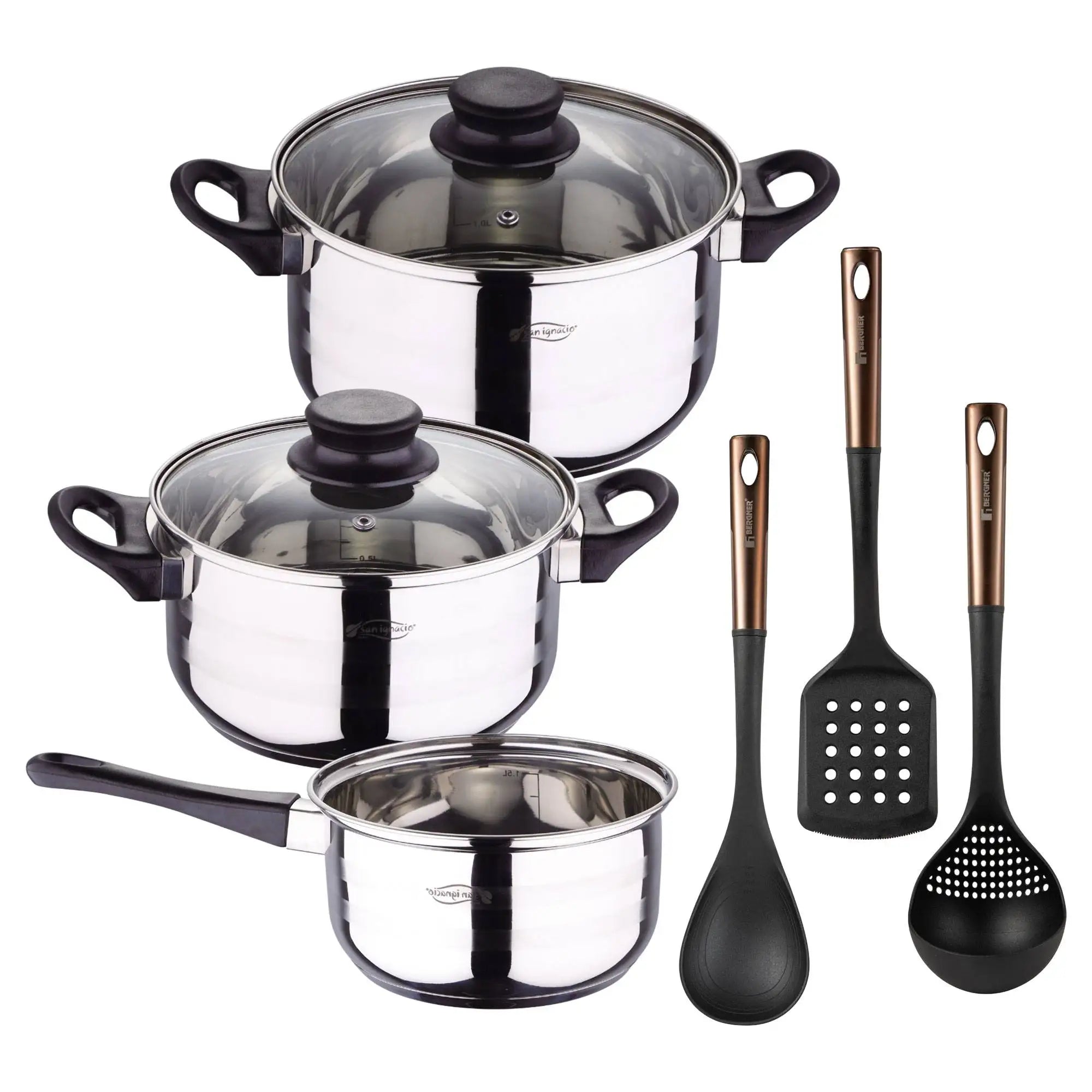 Toledo 5pc cookware set suitable for induction + Bergner Copper 3-piece kitchen utensil set in black and copper PBT