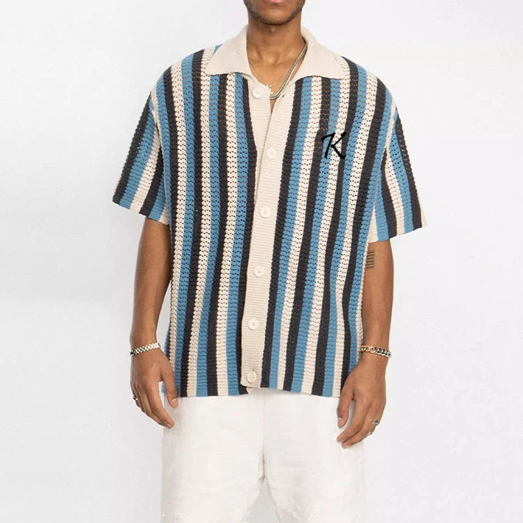 Custom Logo Oem & Odm Men Sweater Summer Hollow Out Cardigan Knitwear Short Sleeve Knit Top Custom Sweater Men