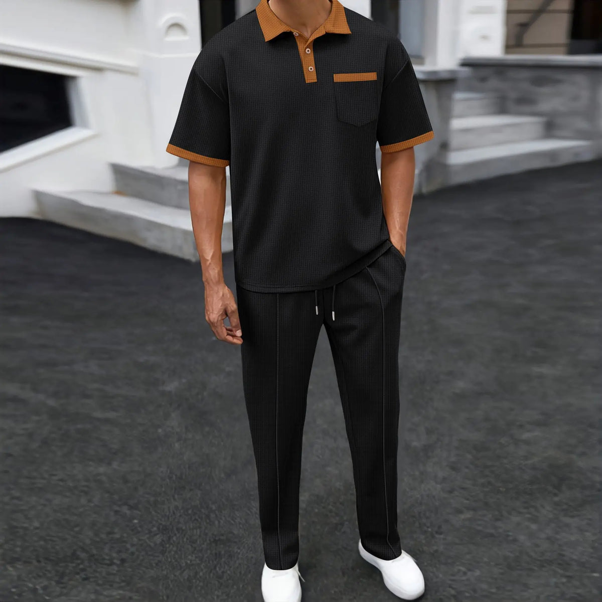 OEM custom logo embroidery printed design cross-border men's new waffle lapel color short-sleeved trousers two-piece casual set MegaBDM