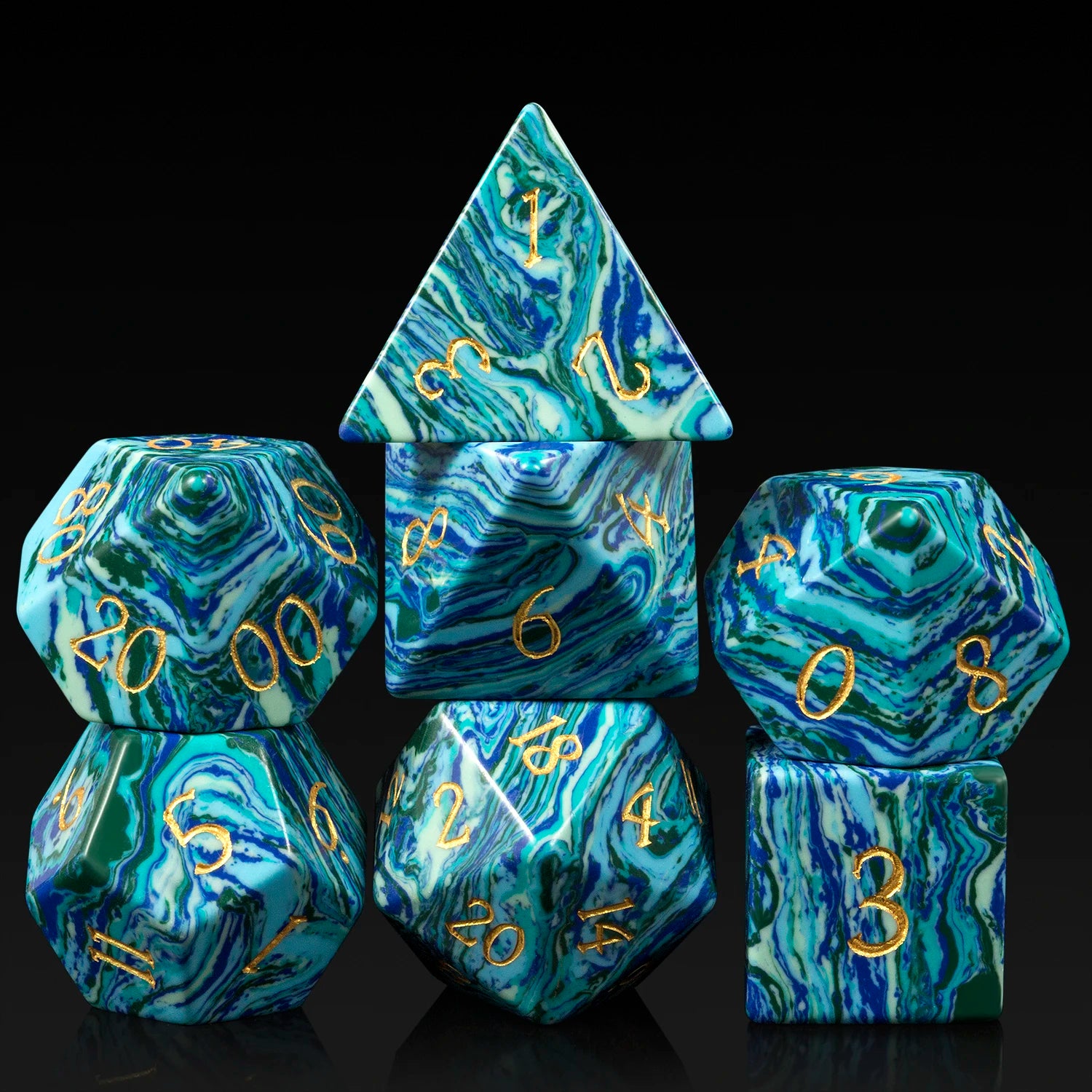 Hot Selling 7 Die Natural Gemstone D&D Engraved Handmade Stone Polyhedral Dice Set 16mm for Table Games
