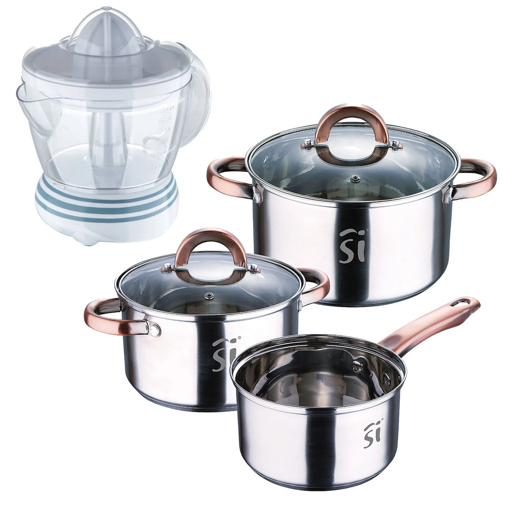 5-piece stainless steel cookware set (16 18 20) suitable for induction hobs + Bergner NATURALLY - 40W Juicer - 1.2 Liter