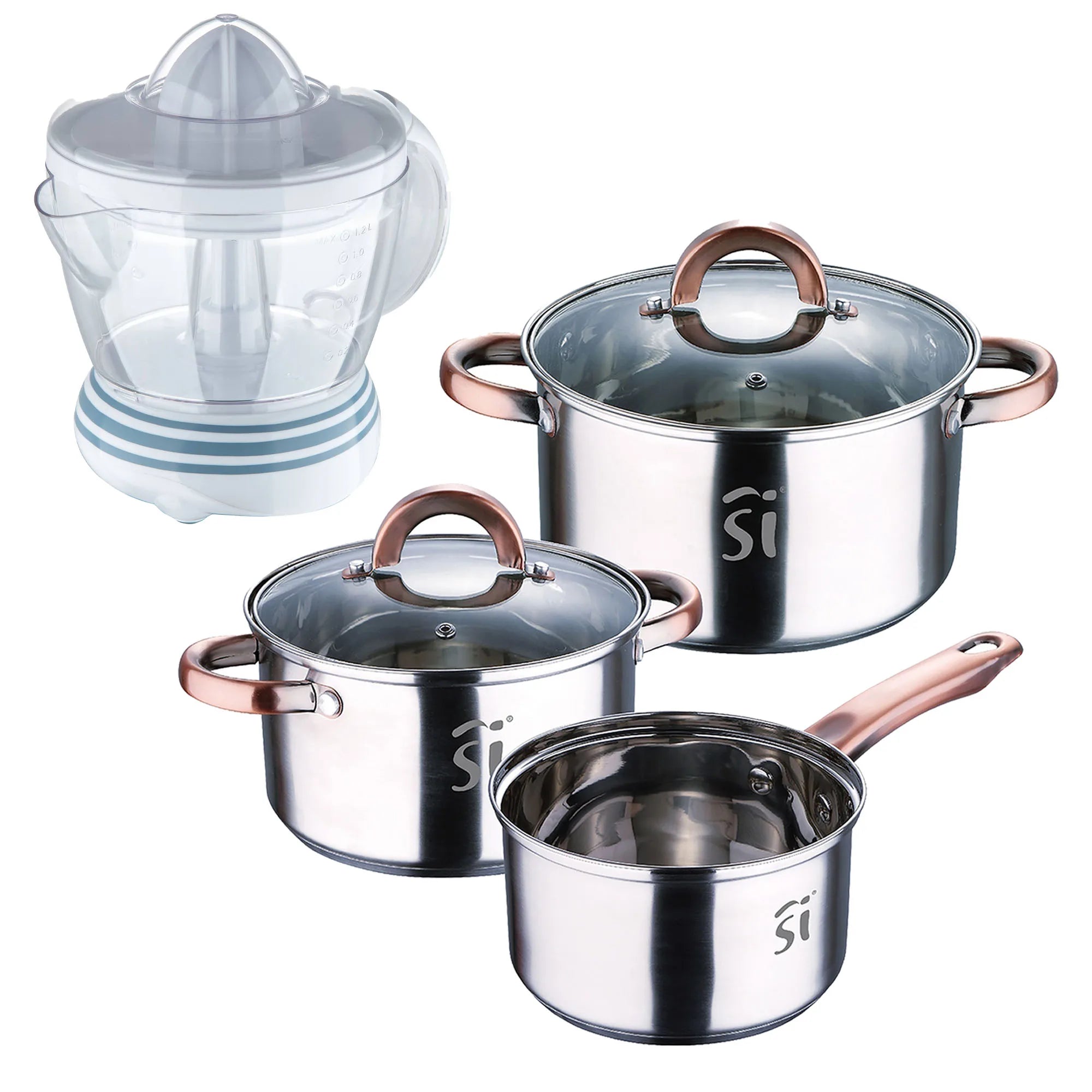 5-piece stainless steel cookware set (16 18 20) suitable for induction hobs + Bergner NATURALLY - 40W Juicer - 1.2 Liter