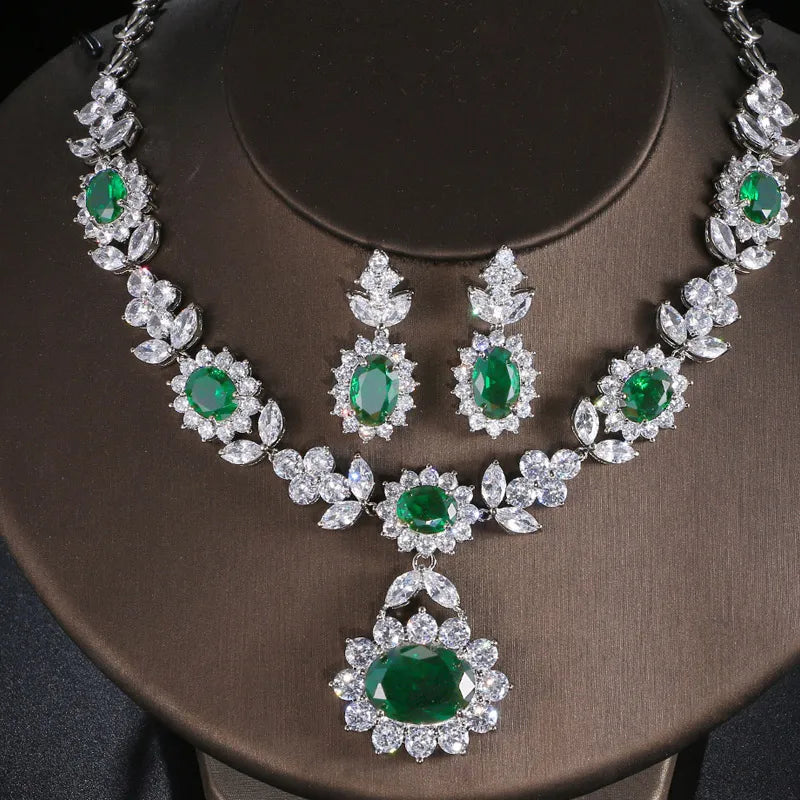 MOQ 2pcs Wholesale Bohemian Christian Women's Green Zircon Earring & Necklace Set for Wedding Engagement